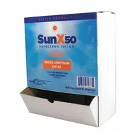 SUNX Sunscreen is a paraben-free lotion with aloe vera, supplied in unitized 0.25 oz packets (100 per pack). Suitable for outdoor work environments requiring personal sun protection