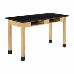 Fixed-height lab table with a phenolic countertop and oak finish. Overall height 30 inches, length 4 1/2 feet. Suitable for laboratory, educational, and industrial workstations requiring a chemical- and moisture-resistant work surface.