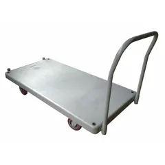 This platform truck features a gray plastic deck and (2) swivel casters. With overall dimensions of 60 in L x 29 1/2 in W x 37 in H, it is suited for moving heavy loads in warehouses, factories, and distribution centers.