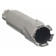 This carbide-tipped annular cutter has a 1-1/2 in diameter and a maximum cutting depth of 3 in. The bright finish and Weldon Flat shank provide secure tool holding. It is used for cutting precise holes in tough materials such as stainless steel and high-strength alloys, common in structural fabrication and heavy equipment maintenance.