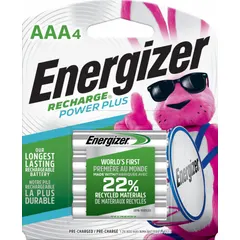 ENERGIZER NH12BP-4 is a 4-pack of AAA nickel-metal hydride (NiMH) rechargeable batteries. Each cell provides 1.2V DC output. Suitable for powering portable electronics such as remote controls, flashlights, toys, and wireless peripherals.