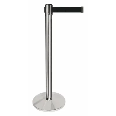 QUEUEWAY Barrier Post with Belt: Black, No Pattern, No Legend, 10 ft Belt Lg, Silver - Solid-Color Retractable Belt Post Barriers