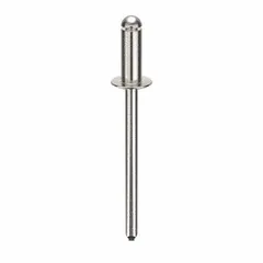 Domed-head blind rivet with 0.153" diameter and 1.693" overall length. Body length is 13/32", overall length 1 11/16". Supplied in a 500-pack. Used for fastening materials where only one-sided access is available, common in sheet-metal assembly and general fabrication.