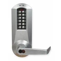 Mechanical keyless access lockset with chrome finish, operated by push-button code entry. No wiring or batteries required. Designed for standard door preparations in commercial and industrial settings such as offices, warehouses, and restricted areas.