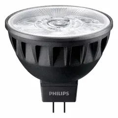 PHILIPS 6.3W MR16 LED lamp with GU5.3 2-pin base, 12V AC, 3000K color temperature, and clear finish. Shatter-resistant construction. Suitable for accent and task lighting in track, display, and recessed fixtures.