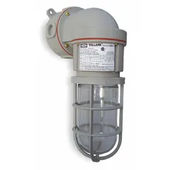 This bulb-dependent jelly jar light fixture is rated for hazardous locations, Class I, Division 2, Groups A, B, C, D. It operates at 120/277V AC with a 150W incandescent lamp and T2B temperature code. The bracket-mount design is suited for areas where flammable gases or vapors may be present, such as oil refineries and chemical plants.