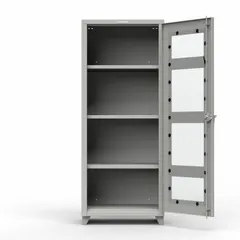 This industrial clearview shelf cabinet from STRONG HOLD features a medium gray finish with a swing door and legs base. It includes 3 adjustable shelves for organizing tools, parts, and supplies in workshops, warehouses, and manufacturing facilities. The frame is assembled. Manufacturer part number: 2.66-1LD-243-L.