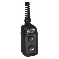 Thermoplastic pendant control station with two momentary push buttons configured for Up/Down operation. Features a dead-end hub style and NEMA 1/3/3R/4/4X enclosure. AC/DC contact rating 5 A at 600 V. Suitable for remote control of cranes, hoists, and conveyors