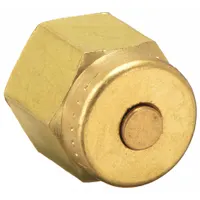 This double-ferrule brass compression fitting cap seals the end of 1/4 in OD tubing in instrumentation, hydraulic, and pneumatic systems. It features a 7/16"-20 thread size and is part of the A-LOK(R) series. Compatible with Parker fitting brands