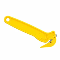 Disposable single-hook safety cutter with a straight handle and plain steel blade. Overall length 6 1/2 inches. Includes a tape splitter for cutting film, shrink wrap, and packaging materials in warehouse and shipping applications.