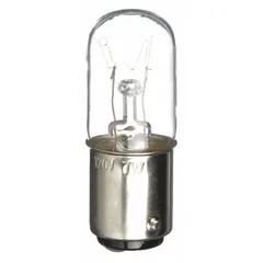 Incandescent replacement bulb rated 7W at 120 Vac or Vdc. Features a BA15D base. Used as a replacement part for warning light accessories and industrial signaling devices such as panel indicators, tower lights, and alarm systems.