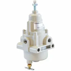 This BELLOFRAM Type 50 Series filter regulator combines a 40 micron filter element with a pressure regulator in a single unit. It has a 1/4 in NPT port, 20 scfm flow capacity, and an adjustable outlet pressure range of 0 to 35 psi. The aluminum body and nitrile seals make it suitable for use in compressed air systems requiring clean, regulated air for pneumatic controls and instrumentation.