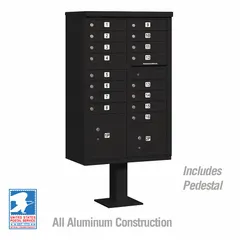 This horizontal multi-unit mailbox features 18 lockable front-access doors for centralized mail distribution. Designed for pedestal mounting, it measures 62 inches in height, 30 1/2 inches in width, and 18 inches in depth. Suitable for apartment complexes, condominiums, or commercial buildings requiring secure mail delivery.