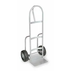 This hand truck features a single-loop aluminum frame with a silver finish and pneumatic tires. It is suited for material handling tasks in environments where corrosion resistance is required, such as outdoor or damp locations. The 48-inch handle height accommodates various user heights.