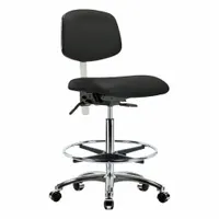 This armless cleanroom task chair is rated ISO 5 for controlled environments. It features a vinyl seat with 18 1/2 in width and 17 in depth, adjustable height from 26 1/4 in to 36 in, and an aluminum base with foot support. The chair offers back tilt forward 10.5°, backward 13.5°, and seat tilt forward 8°, backward 3°