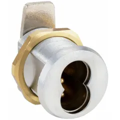 This chrome-plated cam lock features an interchangeable core for quick rekeying without removing the lock. Clockwise unlock operation. Suitable for securing cabinets, lockers, and enclosures in industrial settings.