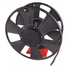 Hand-crank reel for arc welding cable management. Supports up to 300 A and accommodates cable sizes from 1 AWG to 2/0 AWG. Holds 200 ft of 2/0 AWG cable. Reduces cable wear and trip hazards in fabrication shops, shipyards, and construction sites.