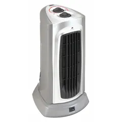 Portable electric heater with two heat settings (900W/1500W) providing 3071/5118 BtuH. Features mechanical controls, overheat protection, and a safety tip-over switch. Gray housing, dimensions 16-7/8 x 7-1/2 x 8 inches. Suitable for supplemental heating in indoor spaces such as offices and workshops.