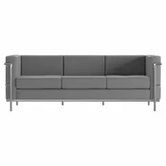 This three-seat sofa features a gray faux leather upholstery over a metal frame. With a seat width of 65 1/2 inches and seat depth of 21 1/4 inches, it is suited for lounges, reception areas, and break rooms in commercial or residential settings.