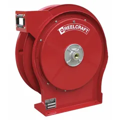 This spring-return hose reel stores and retracts 50 ft of 3/8 in I.D. hose for air or water service. It features a brass swivel and a maximum operating pressure of 500 psi. The red-finished reel has overall dimensions of 16-3/4 in length, 5-7/8 in width, and 17-5/8 in height. Suitable for industrial, automotive, and maintenance applications requiring organized hose handling.