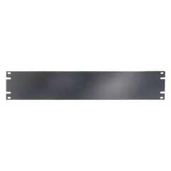 Steel blank panel for covering unused 19-inch rack spaces. Black finish, 3 1/2 inches high, 2 rack units. Helps manage airflow and prevent dust ingress in standard equipment racks.
