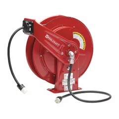Self-retracting cord reel with ratchet lock, 75 ft of 12 AWG SEOOW cable. Feeder cord ends with NEMA 5-20P plug; retractable cord ends with NEMA 5-20R connector. Red finish. Used for organized cord management in industrial settings, reducing trip hazards and cord damage.