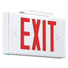 This single-face ceiling-mounted exit sign features a white aluminum housing with red LED text. It operates on 120/277 V AC and includes universal field-selectable chevrons for directional indication. The unit incorporates self-diagnostics capability and is supplied without emergency battery backup.