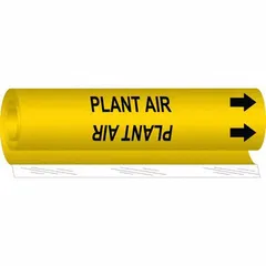 This wrap-around pipe marker identifies plant air lines in compressed-air systems. It features a yellow background with black legend text and directional arrows, fitting pipe outer diameters from 1/2 to 1-3/8 inches. The marker is supplied as a single unit for clear pipe identification in industrial facilities.