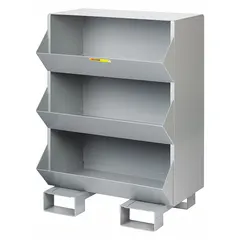 This stationary stacking bin unit from LITTLE GIANT features three compartments on a pallet base for organizing and storing bulk parts or materials. The gray unit is suitable for use in industrial facilities, warehouses, and distribution centers, facilitating sorting and access during lean manufacturing and inventory management.