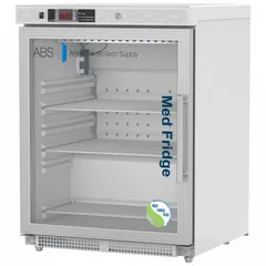 Undercounter pharmacy refrigerator with 4.6 cu ft capacity, white finish, and left-opening swing glass door. Maintains 1°C to 10°C range for storing vaccines, medications, and other temperature-sensitive pharmaceuticals. Features a temperature alarm and uses R-600a refrigerant. Suitable for clinics, pharmacies, and laboratories requiring reliable cold storage.