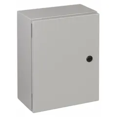 This steel washdown enclosure measures 16 x 12 x 6 inches and features a solid hinged cover secured with a 1/4-turn latch. Rated NEMA 12/13/3R/4, it provides protection against dust, falling dirt, rain, and hose-directed water, suitable for indoor and outdoor industrial environments. Knockouts are not included.