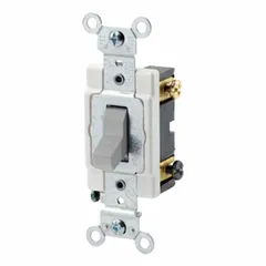 4-way maintained toggle switch for controlling a single lighting load from three or more locations. Rated 20 A at 120/277V AC. Non-illuminated. Gray finish. Suitable for use in hallways, staircases, or large rooms.