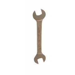 This double-end open end wrench is made from aluminum bronze with a natural finish. It has head sizes of 1 1/4 in and 1 7/16 in, with an overall length of 14 3/8 in. The nonsparking construction is suitable for use in environments where flammable vapors or dusts are present.