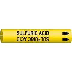 Yellow snap-on pipe marker with black legend reading 'Sulfuric Acid' and directional arrows. Fits pipe outer diameters from 2-1/2 to 3-7/8 inches. Used to identify piping carrying sulfuric acid in industrial facilities, aiding in safety compliance and hazard communication.