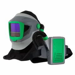 This belt-mount powered air-purifying respirator assembly includes the Z4 Respirator, FR Shoulder Cape, Breathing Tube, and PX5 PAPR blower. Powered by a lithium-ion battery, it provides respiratory protection for environments requiring supplied air. The belt-mounted blower distributes weight evenly for extended use.