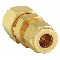Brass compression union with double-ferrule design for joining tubes of 3/8 in and 1/4 in outer diameters. Compression x Compression configuration provides a leak-tight connection in industrial tubing systems for fluid or gas service
