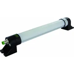 LED tubular machine tool light for illuminating work areas on industrial machinery. Operates at 24V DC with 5500K color temperature. Polystyrene lens. IP54 rating for dust and splash protection. 1198 mm length. 4-pin M8 male A-coded connector without leads.