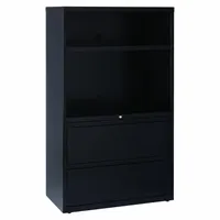 Steel lateral file cabinet with painted black finish. Two drawers for letter- or legal-size filing. Overall height 60 in, depth 18-5/8 in. Suitable for office, warehouse, or plant-floor document storage