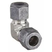 This PARKER Ferulok series compression fitting elbow is a flareless bite-type stainless steel fitting for 1/4 in OD tubing. It features 7/16-20 x 7/16-20 thread sizes and is designed for connecting tubing in industrial hydraulic and pneumatic systems without flaring