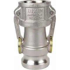 Type DA cam and groove fitting for quick-connect/disconnect in fluid transfer systems. Body is 316 stainless steel; gasket is nitrile. Working pressure 250 psi at 70°F. Overall length 5 7/16 in. No locking arm included.