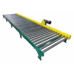 This heavy-duty chain-drive powered roller conveyor features a steel frame with 5 in roller spacing and a maximum load capacity of 800 lb/ft. The 10 ft overall length and 27 in between-frame width make it suitable for moving pallets, drums, and heavy cartons in warehousing, distribution, and manufacturing lines.