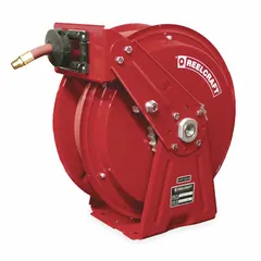 This dual-pedestal spring-return hose reel is designed for air or water applications in industrial settings such as maintenance shops, assembly lines, and wash bays. It features a 50 ft hose capacity for 1/2 in I.D. hose, 3/8 in MNPT hose end, and nickel-plated steel swivel. Maximum operating pressure is 300 psi. Overall dimensions: 16-1/2 in L x 9 in W x 17 in H.