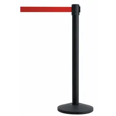 This retractable belt post barrier features a steel base and a black metal alloy post. The red belt is 7 1/2 ft long with no pattern or legend. It is used for crowd control and area delineation in industrial environments.