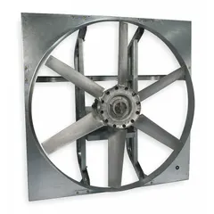 Unassembled belt-drive panel exhaust fan with a 24-inch cast aluminum blade. Steel frame with zinc-plated finish. Airflow range of 5,608 cfm to 8,115 cfm, dependent on motor selection. Suitable for general ventilation in industrial and commercial spaces.