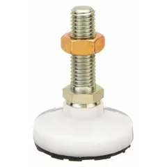 This non-skid male leveling mount features a swiveling stud with 3/8"-16 thread size and a 1.25 in round base. It has a yellow zinc-plated finish, an elastomer thrust pad, and includes a jam nut. With a load capacity of 300 lb and a 5/8 in hex size, it is used for leveling and stabilizing machinery, conveyors, and industrial equipment, reducing vibration and preventing skidding.