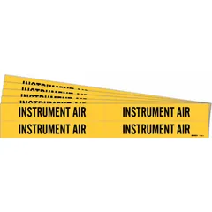 Yellow adhesive pipe markers with black 'Instrument Air' legend, designed for pipes with outer diameter 3/4 to 2-3/8 inches. Each pack contains 4 markers without arrows. Used to identify instrument air lines in industrial piping systems, aiding in compliance with pipe-marking standards.