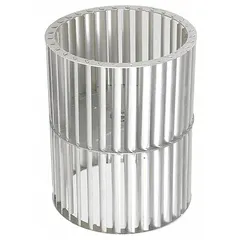 This DAIKIN blower wheel is a dual-inlet forward-curved type with a 6 1/4 in diameter, designed for CW Closed End rotation. It features a steel wheel, 1 inlet, a 1/2 in bore, and a tabbed center. Suitable for use in HVAC equipment requiring a replacement wheel of this configuration.