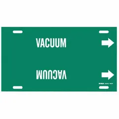 Green pipe marker with white legend reading 'Vacuum' and directional arrows. Fits pipe outer diameters from 10 to 15 inches. Strap-on design for secure attachment to pipes. Used to identify vacuum lines in industrial piping systems.