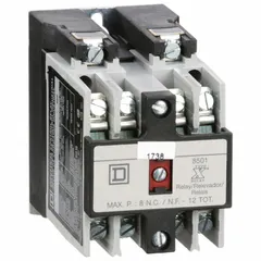 NEMA control relay with 24V AC coil, 4 normally open contacts rated 10 A. Surface-mounted design for industrial control panels, motor control centers, and automation systems. Suitable for pilot duty, signaling, and interlocking applications.