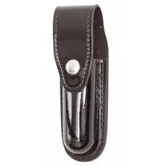 This duty equipment pouch is constructed from black synthetic polymer with a high-gloss finish. It features a snap closure for secure retention and is designed to carry a flashlight on a belt or gear. Suitable for law enforcement, security, and industrial use.